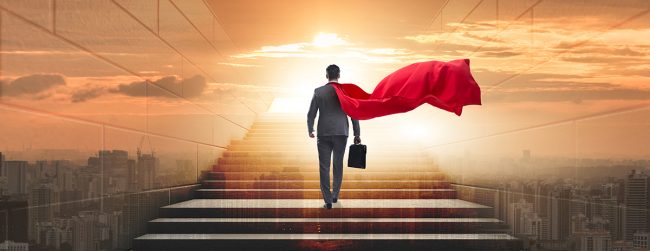 Businessman superhero successful in career ladder concept